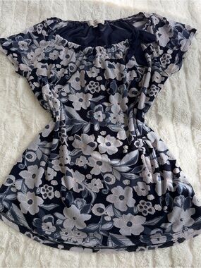 Navy Floral Scoop-Neck Blouse with Cream Bloom Print